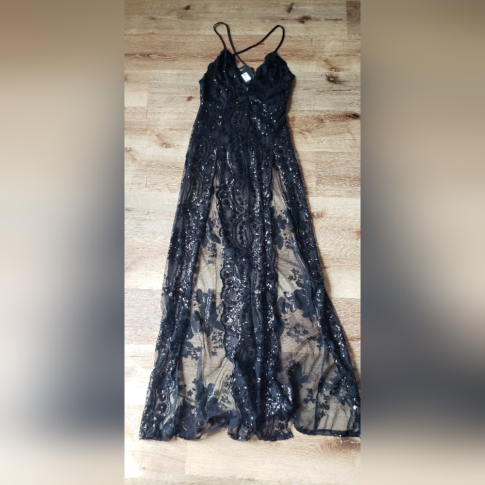FASHION NOVA Black Sequin Split Leg Maxi Dress with attached Bodysuit SZ M NWT